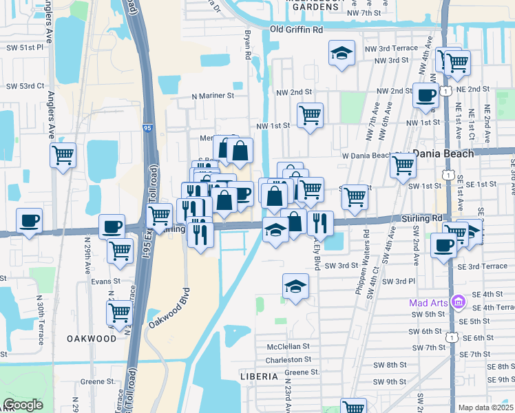 map of restaurants, bars, coffee shops, grocery stores, and more near in Dania Beach