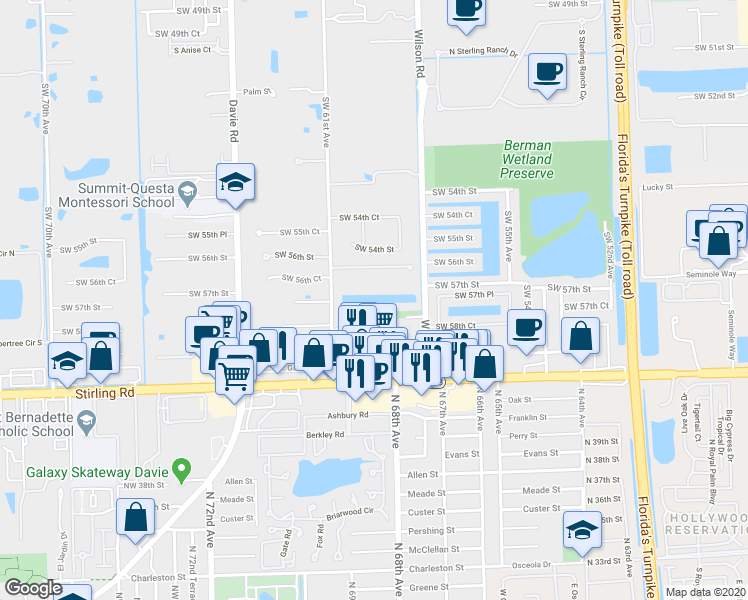 map of restaurants, bars, coffee shops, grocery stores, and more near 5780 Southwest 61st Avenue in Davie