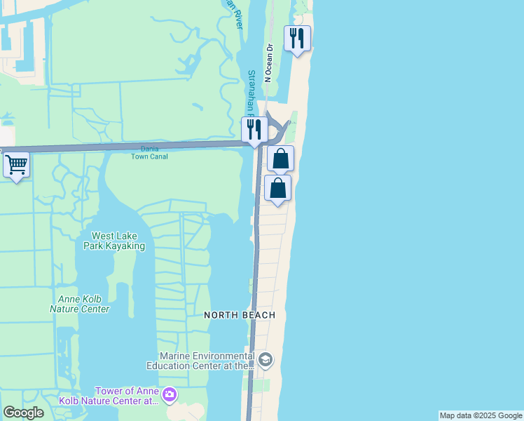 map of restaurants, bars, coffee shops, grocery stores, and more near 5600 North Ocean Drive in Hollywood