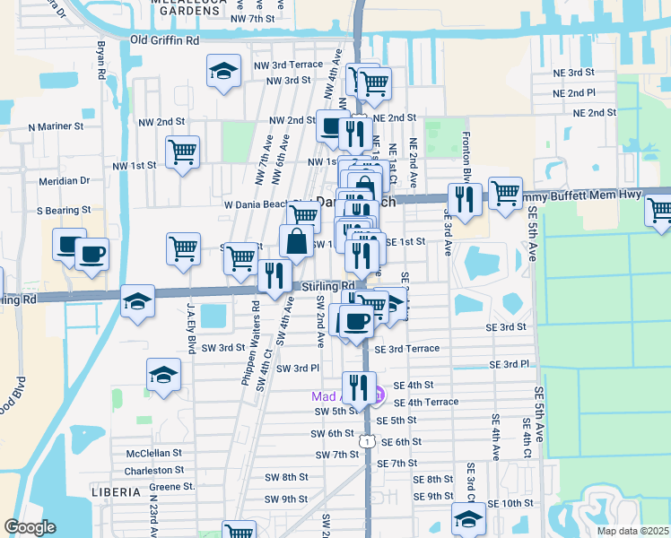 map of restaurants, bars, coffee shops, grocery stores, and more near 141 Southwest 1st Court in Dania Beach