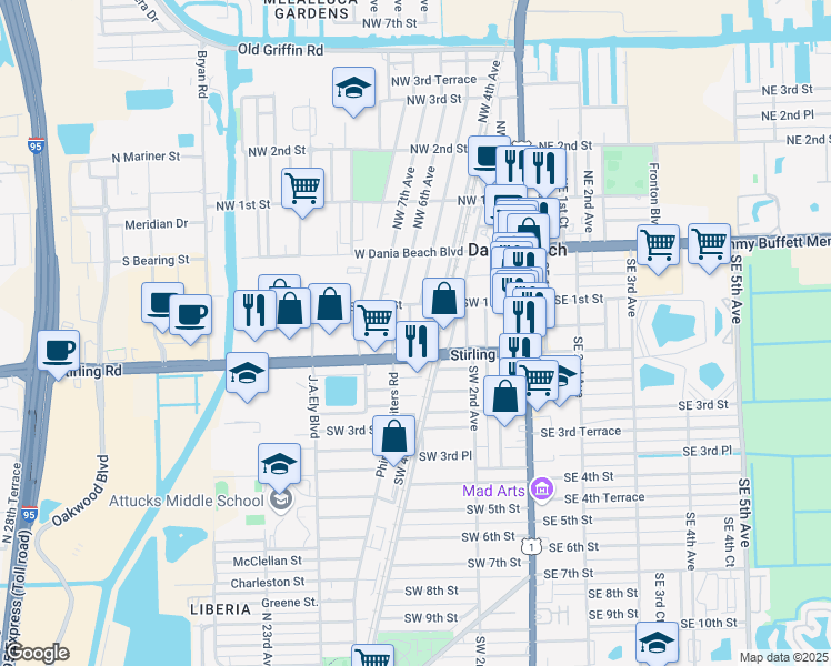 map of restaurants, bars, coffee shops, grocery stores, and more near 145 Southwest 5th Court in Dania Beach