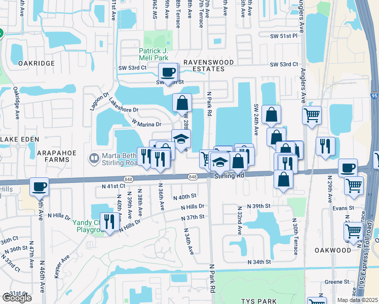 map of restaurants, bars, coffee shops, grocery stores, and more near 2821 Southwest 58th Manor in Fort Lauderdale