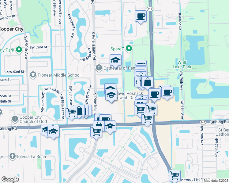 map of restaurants, bars, coffee shops, grocery stores, and more near 5701 Southwest 82nd Avenue in Davie
