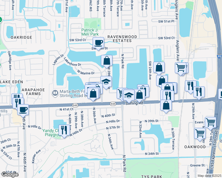 map of restaurants, bars, coffee shops, grocery stores, and more near 2821 Southwest 58th Manor in Fort Lauderdale