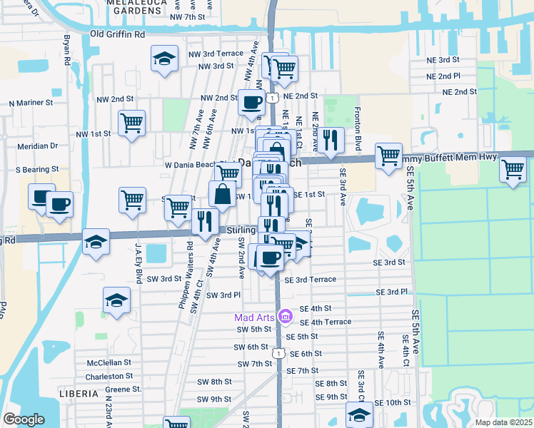 map of restaurants, bars, coffee shops, grocery stores, and more near in Dania Beach