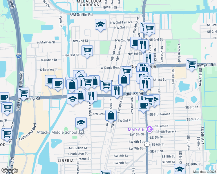 map of restaurants, bars, coffee shops, grocery stores, and more near 700 Stirling Road in Dania Beach