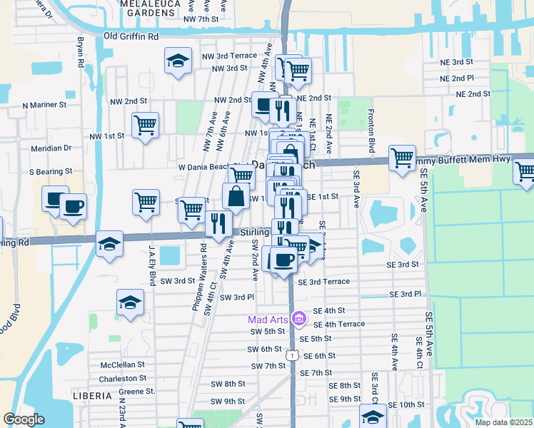 map of restaurants, bars, coffee shops, grocery stores, and more near 141 SW 1st Ct in Dania Beach
