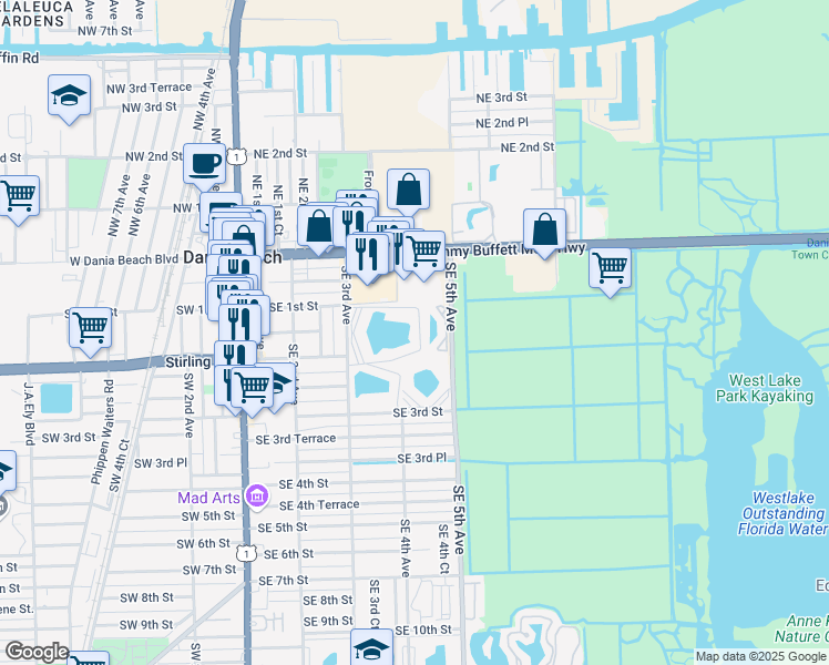 map of restaurants, bars, coffee shops, grocery stores, and more near 131 Southeast 3rd Avenue in Dania Beach