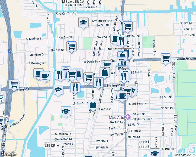 map of restaurants, bars, coffee shops, grocery stores, and more near 145 Southwest 5th Court in Dania Beach