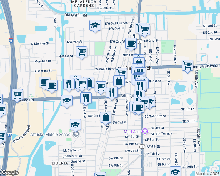 map of restaurants, bars, coffee shops, grocery stores, and more near 145 Southwest 5th Court in Dania Beach