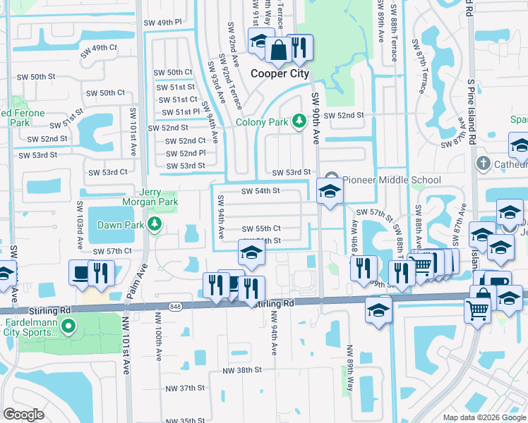 map of restaurants, bars, coffee shops, grocery stores, and more near 9161 Southwest 55th Court in Cooper City