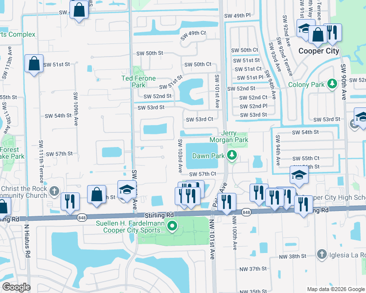map of restaurants, bars, coffee shops, grocery stores, and more near 5670 Southwest 103rd Avenue in Cooper City