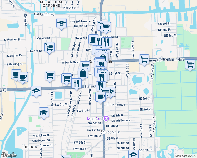map of restaurants, bars, coffee shops, grocery stores, and more near 118 Southwest 1st Street in Dania Beach