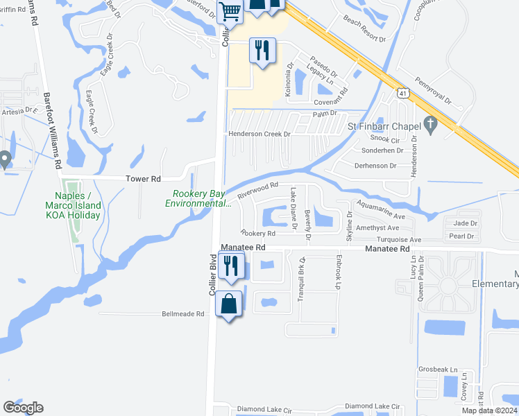 map of restaurants, bars, coffee shops, grocery stores, and more near 101 Audubon Road in Naples