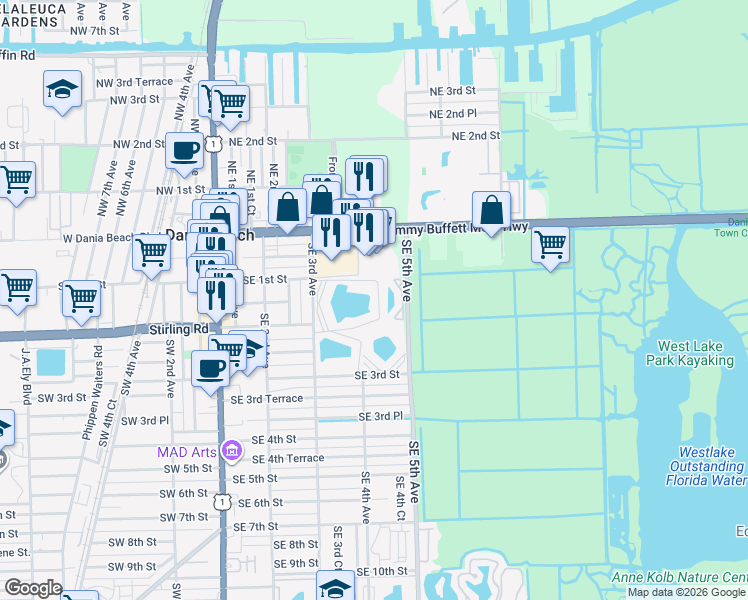 map of restaurants, bars, coffee shops, grocery stores, and more near 111 Southeast 3rd Avenue in Dania Beach