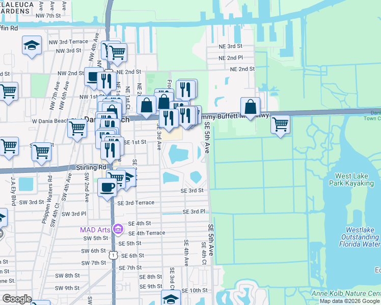 map of restaurants, bars, coffee shops, grocery stores, and more near 111 Southeast 3rd Avenue in Dania Beach