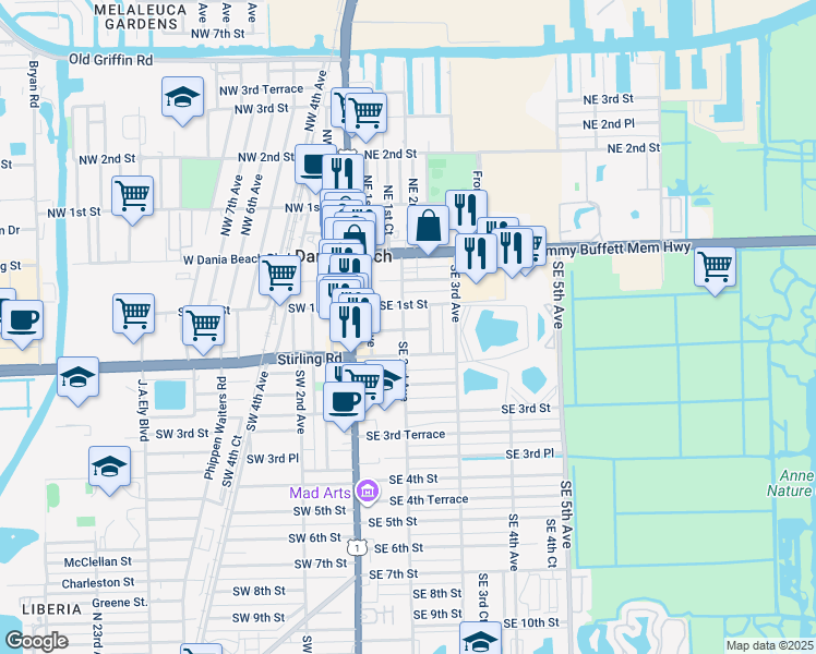map of restaurants, bars, coffee shops, grocery stores, and more near 116 Southeast 1st Street in Dania Beach
