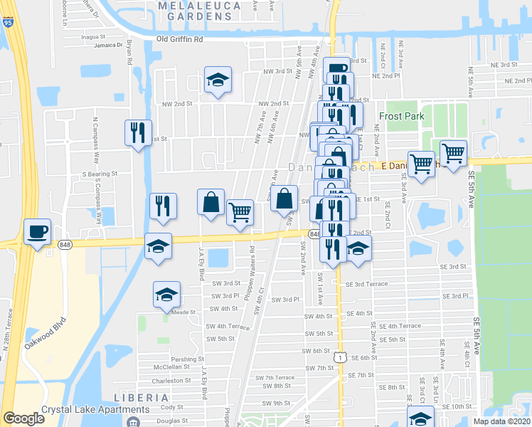 map of restaurants, bars, coffee shops, grocery stores, and more near 98 Southwest 5th Avenue in Dania Beach