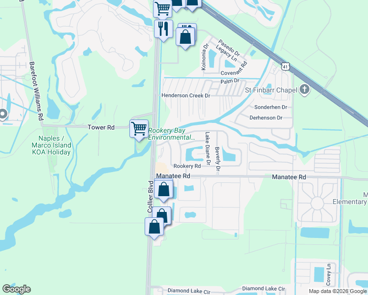 map of restaurants, bars, coffee shops, grocery stores, and more near 101 Audubon Road in Naples
