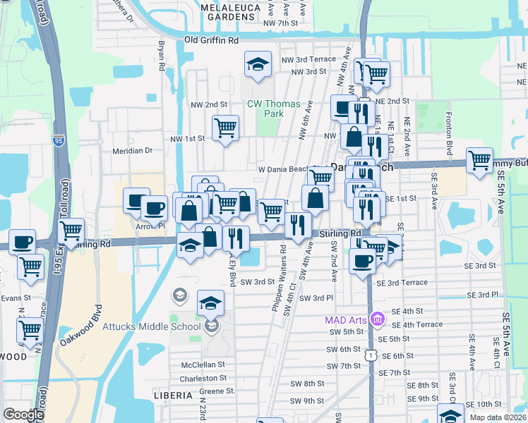 map of restaurants, bars, coffee shops, grocery stores, and more near 46 Southwest 7th Avenue in Dania Beach