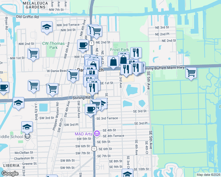 map of restaurants, bars, coffee shops, grocery stores, and more near 101 Southeast 2nd Court in Dania Beach