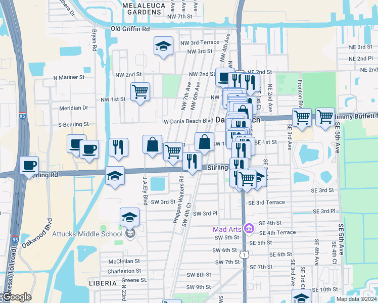 map of restaurants, bars, coffee shops, grocery stores, and more near 98 Southwest 5th Avenue in Dania Beach