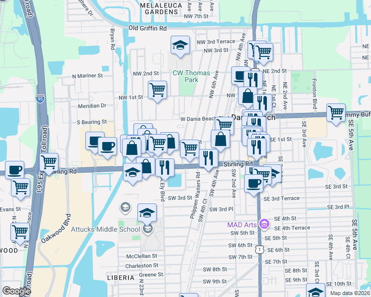 map of restaurants, bars, coffee shops, grocery stores, and more near 46 Southwest 7th Avenue in Dania Beach