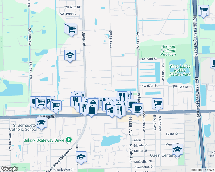 map of restaurants, bars, coffee shops, grocery stores, and more near 6201 Southwest 56th Court in Davie