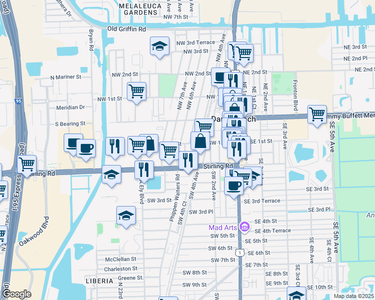 map of restaurants, bars, coffee shops, grocery stores, and more near 113 Southwest 5th Court in Dania Beach