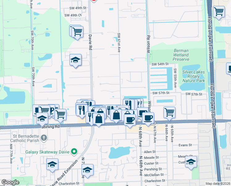 map of restaurants, bars, coffee shops, grocery stores, and more near 6201 Southwest 56th Court in Davie