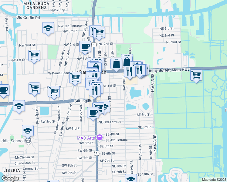 map of restaurants, bars, coffee shops, grocery stores, and more near 101 Southeast 2nd Court in Dania Beach
