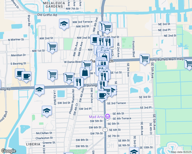 map of restaurants, bars, coffee shops, grocery stores, and more near 118 Southwest 1st Street in Dania Beach