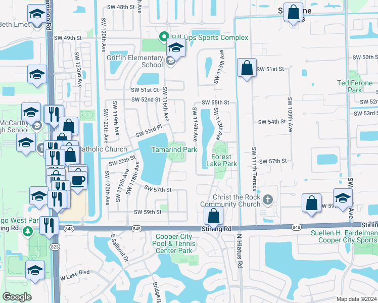 map of restaurants, bars, coffee shops, grocery stores, and more near 5460 Southwest 115th Avenue in Cooper City