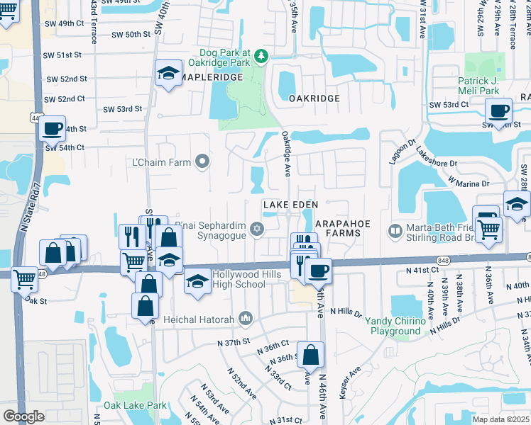 map of restaurants, bars, coffee shops, grocery stores, and more near 5725 Ashwood Circle in Fort Lauderdale