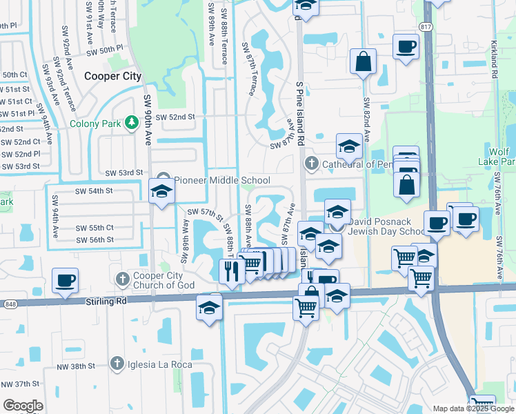map of restaurants, bars, coffee shops, grocery stores, and more near 8745 Southwest 57th Street in Cooper City