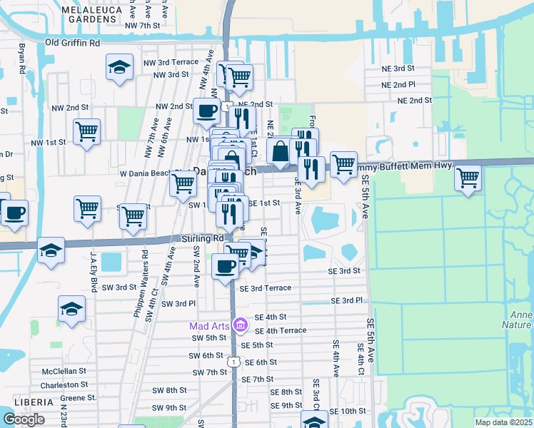map of restaurants, bars, coffee shops, grocery stores, and more near 116 Southeast 1st Street in Dania Beach