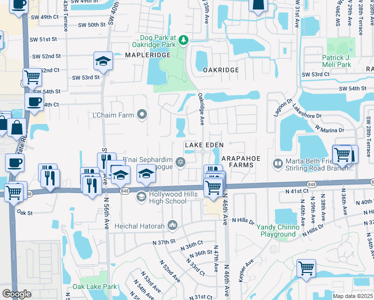 map of restaurants, bars, coffee shops, grocery stores, and more near 5725 Ashwood Circle in Fort Lauderdale