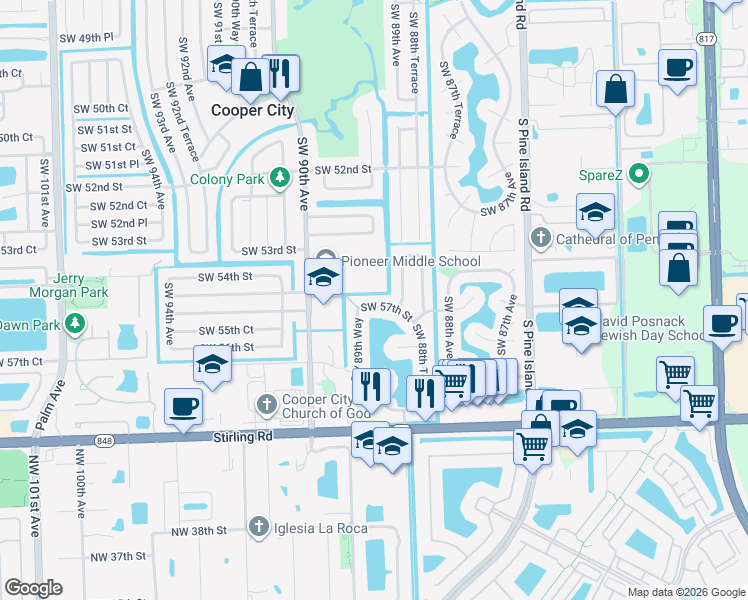 map of restaurants, bars, coffee shops, grocery stores, and more near 8941 Southwest 57th Street in Cooper City