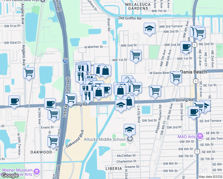 map of restaurants, bars, coffee shops, grocery stores, and more near 150 South Bryan Road in Dania Beach