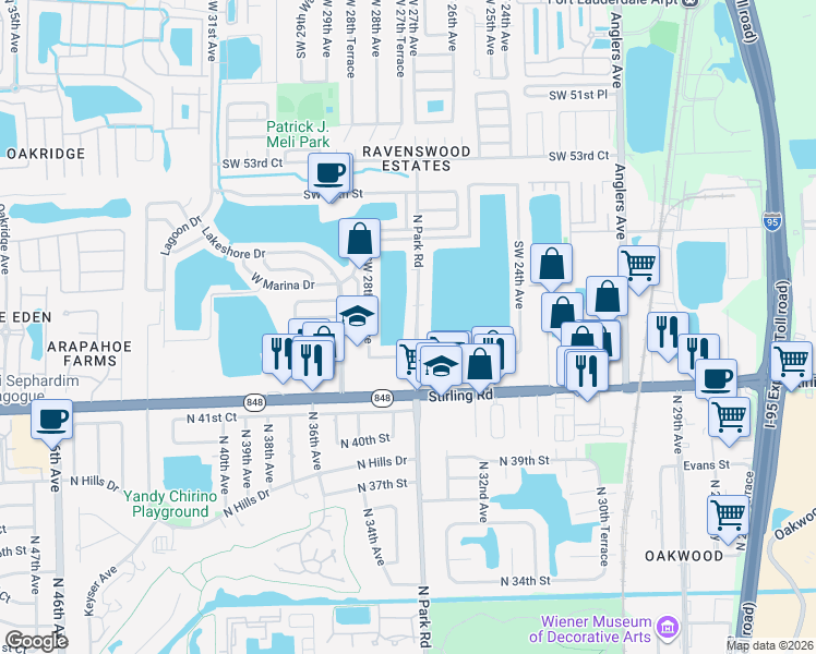 map of restaurants, bars, coffee shops, grocery stores, and more near 5711 North Park Road in Fort Lauderdale