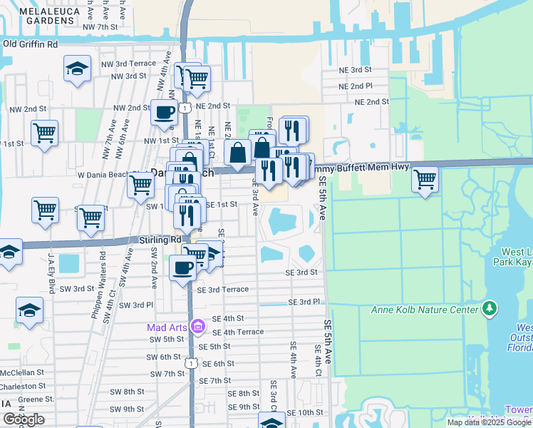 map of restaurants, bars, coffee shops, grocery stores, and more near 101 Southeast 3rd Avenue in Dania Beach