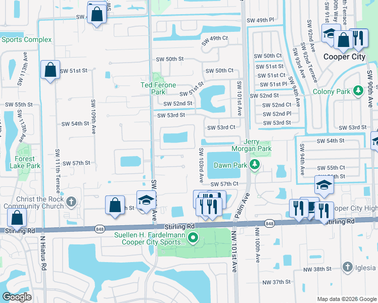 map of restaurants, bars, coffee shops, grocery stores, and more near 10422 Southwest 56th Street in Cooper City