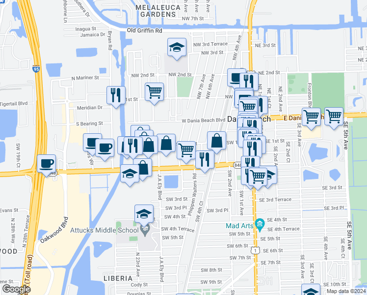 map of restaurants, bars, coffee shops, grocery stores, and more near 701 Southwest 1st Street in Dania Beach