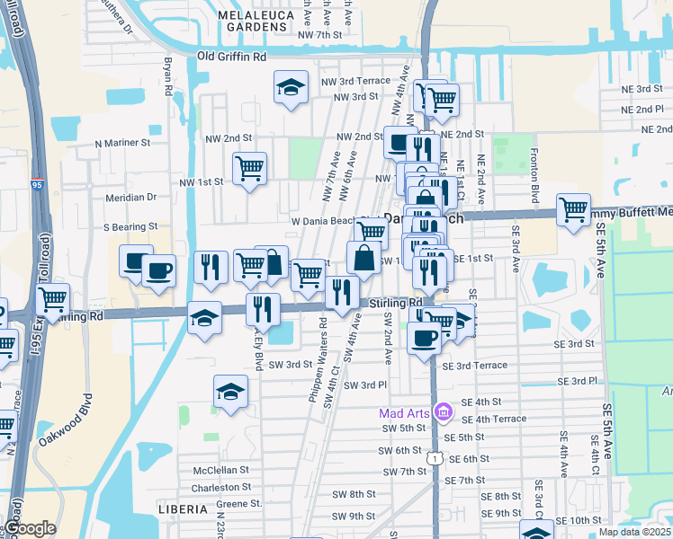 map of restaurants, bars, coffee shops, grocery stores, and more near 98 Southwest 5th Avenue in Dania Beach