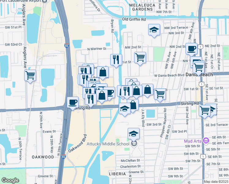 map of restaurants, bars, coffee shops, grocery stores, and more near 190 South Bryan Road in Dania Beach