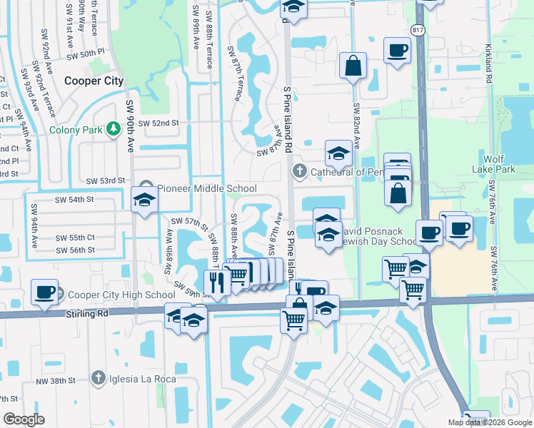 map of restaurants, bars, coffee shops, grocery stores, and more near 8745 Southwest 57th Street in Cooper City