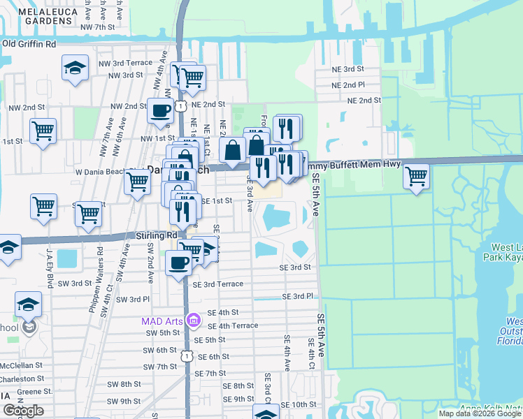 map of restaurants, bars, coffee shops, grocery stores, and more near 101 Southeast 3rd Avenue in Dania Beach