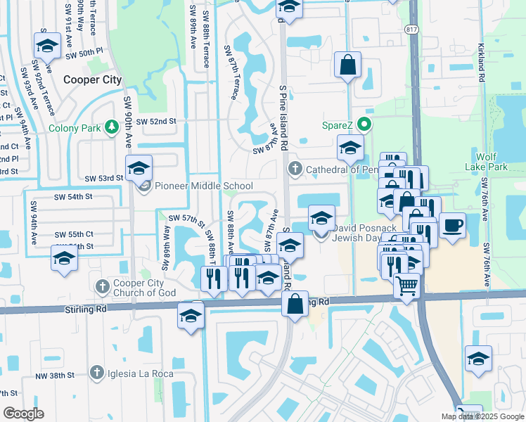 map of restaurants, bars, coffee shops, grocery stores, and more near 8725 Southwest 57th Street in Cooper City