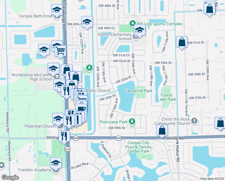 map of restaurants, bars, coffee shops, grocery stores, and more near 11804 Southwest 54th Street in Cooper City