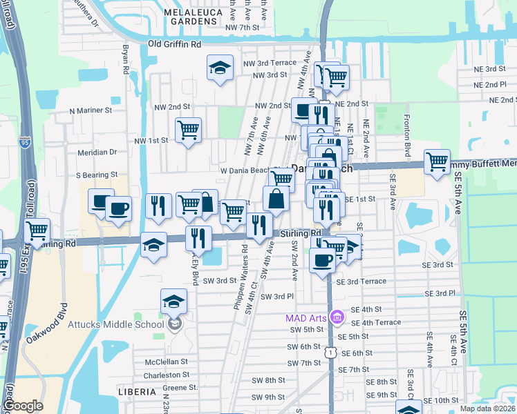 map of restaurants, bars, coffee shops, grocery stores, and more near 105 Southwest 5th Court in Dania Beach